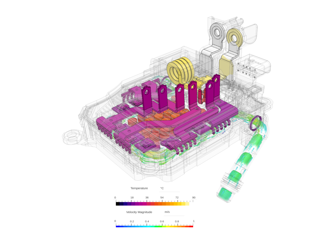 Joule heating simulation in SimScale showing the temperature of electric components such as MOSFETs, Capacitors, and Busbars